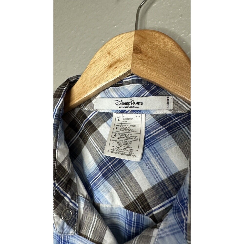 Walt DISNEY World RESORT Pearl Snap Mickey Mouse Surf Mens Shirt Blue Plaid L - Picture 3 of 5